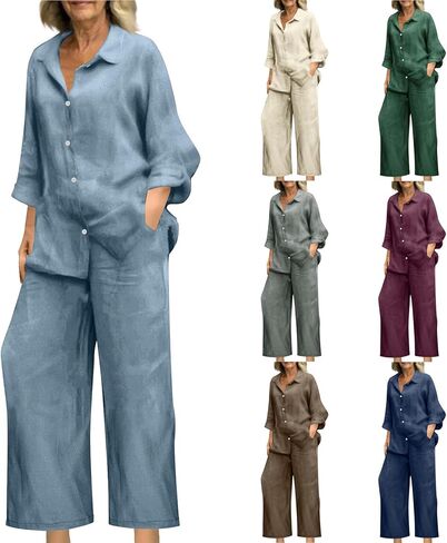 bmkBWO Linen Sets for Women 2 Piece,Button Down Plus Size Summer Shirts Wide Leg Linen Pants Lounge Outfits Clothes 2026 in Kuwait