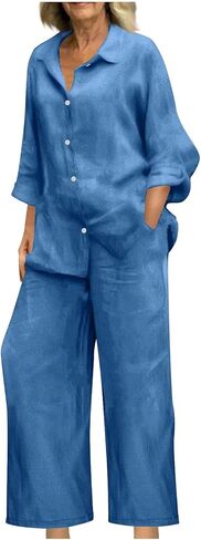 bmkBWO Linen Sets for Women 2 Piece,Button Down Plus Size Summer Shirts Wide Leg Linen Pants Lounge Outfits Clothes 2026 in Saudi Arabia