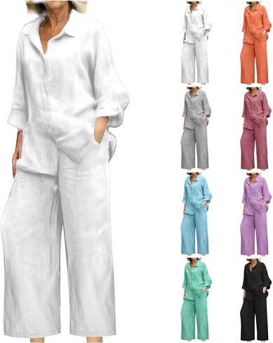 bmkBWO Linen Sets for Women 2 Piece,Button Down Plus Size Summer Shirts Wide Leg Linen Pants Lounge Outfits Clothes 2026 in Saudi Arabia