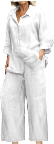 bmkBWO Linen Sets for Women 2 Piece,Button Down Plus Size Summer Shirts Wide Leg Linen Pants Lounge Outfits Clothes 2026 in Saudi Arabia
