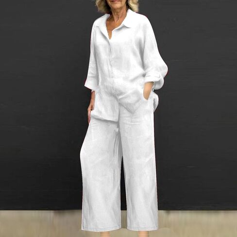 bmkBWO Linen Sets for Women 2 Piece,Button Down Plus Size Summer Shirts Wide Leg Linen Pants Lounge Outfits Clothes 2026 in Saudi Arabia