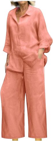 bmkBWO Linen Sets for Women 2 Piece,Button Down Plus Size Summer Shirts Wide Leg Linen Pants Lounge Outfits Clothes 2026 in Saudi Arabia