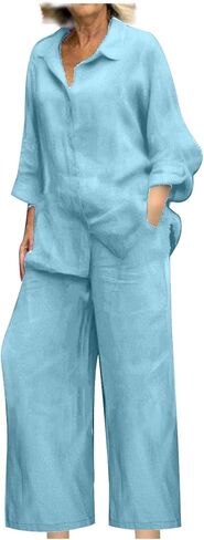 bmkBWO Linen Sets for Women 2 Piece,Button Down Plus Size Summer Shirts Wide Leg Linen Pants Lounge Outfits Clothes 2026 in Saudi Arabia