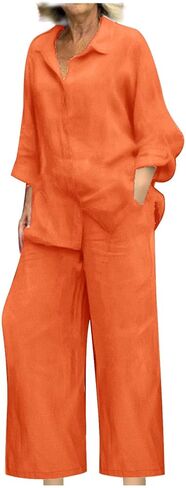bmkBWO Linen Sets for Women 2 Piece,Button Down Plus Size Summer Shirts Wide Leg Linen Pants Lounge Outfits Clothes 2026 in Saudi Arabia
