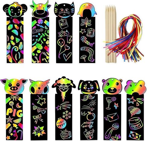 100Pcs Scratch Art Bookmarks Making Kit for Kids, Scratch Paper DIY Animal Bookmarks Bulk with 100Pcs Ribbons and 50Pcs Wood Stylus for Classroom Activities School Supplies Party Favors in Kuwait