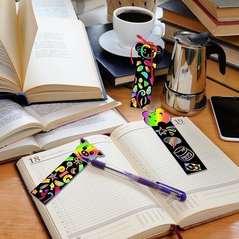 100Pcs Scratch Art Bookmarks Making Kit for Kids, Scratch Paper DIY Animal Bookmarks Bulk with 100Pcs Ribbons and 50Pcs Wood Stylus for Classroom Activities School Supplies Party Favors in Kuwait