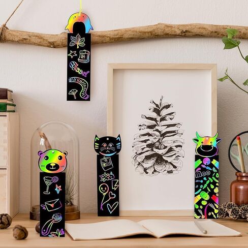 100Pcs Scratch Art Bookmarks Making Kit for Kids, Scratch Paper DIY Animal Bookmarks Bulk with 100Pcs Ribbons and 50Pcs Wood Stylus for Classroom Activities School Supplies Party Favors in Kuwait