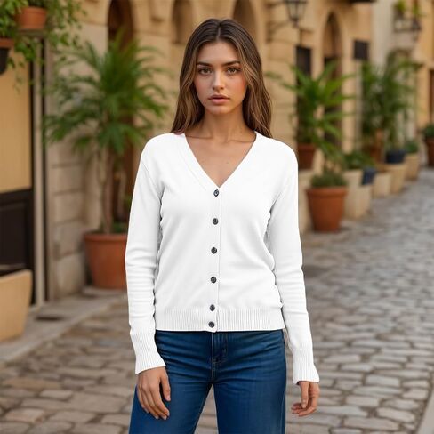 Women's V-Neck Button Sweater Long Sleeve Slim Solid Color Knitwear in Saudi Arabia