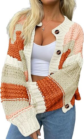 ebossy Women's Striped Chunky Sweaters Lantern Sleeve Button Down Color Block Cropped Cardigan 2025 Fall Outfits in Saudi Arabia