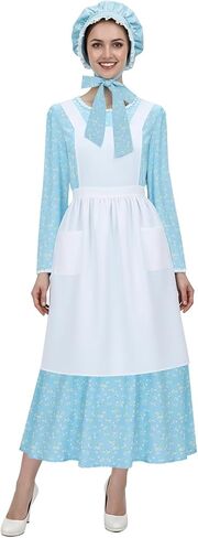 زي Vikidoky النسائي الرائد فستان الأزهار الزي الرسمي الاستعماري التاريخي مع قبعة مريلة ملابس الهالوين التنكرية in Kuwait