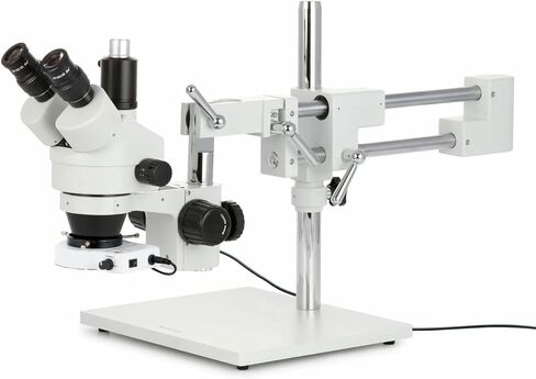 AmScope SM-4T-80S Professional Trinocular Stereo Zoom Microscope, WH10x Eyepieces, 7X-45X Magnification, 0.7X-4.5X Zoom Objective, 80-Bulb LED Ring Light, Double-Arm Boom Stand, 90V-265V in Kuwait