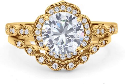 OMRANII Round Floral Antique Bridal Set Vintage Style Art Deco V Shape Half Eternity Wedding Band Engagement Ring Cubic Zirconia 925 Sterling Silver in Saudi Arabia