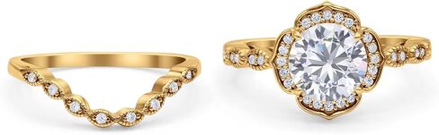 OMRANII Round Floral Antique Bridal Set Vintage Style Art Deco V Shape Half Eternity Wedding Band Engagement Ring Cubic Zirconia 925 Sterling Silver in Saudi Arabia