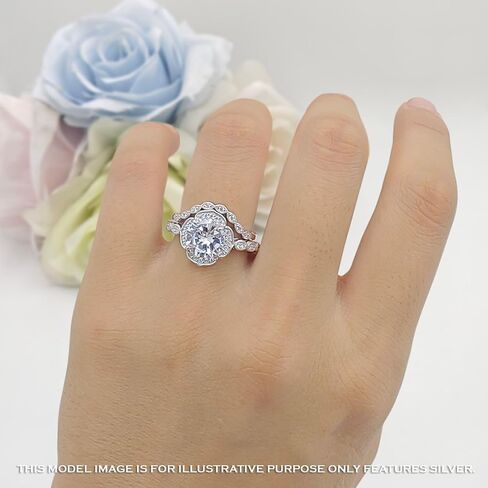 OMRANII Round Floral Antique Bridal Set Vintage Style Art Deco V Shape Half Eternity Wedding Band Engagement Ring Cubic Zirconia 925 Sterling Silver in Saudi Arabia