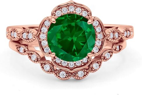 OMRANII Round Floral Antique Bridal Set Vintage Style Art Deco V Shape Half Eternity Wedding Band Engagement Ring Cubic Zirconia 925 Sterling Silver in Saudi Arabia
