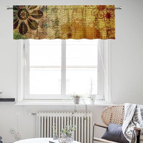 Vintage Abstract Floral Valance Curtains, Weathered Mottled Mandala Flower Mystic Retro Decor Window Treatments, Rod Pocket Drapes for Bedroom Living Room Kitchen, 54x18in 1P in Saudi Arabia