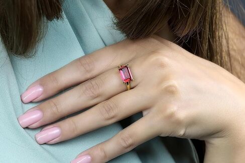 مجموعة أفقية من خاتم التورمالين الوردي المستطيل المملوء بالذهب على شكل زمرد - جوهرة ميلاد أكتوبر باللون الذهبي الوردي اللامع - خاتم كوكتيل رمز أفضل صديق - مجوهرات الصداقة للنساء in Kuwait