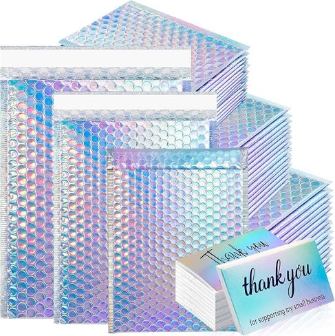 50 Pack Metallic Bubble Mailers, Holographic Bubble Mailers With Thank You Cards,Self Sealing Waterproof Shipping Bags,Poly Padded Envelopes for Mailing Packing Small Business, 3 Sizes in Kuwait