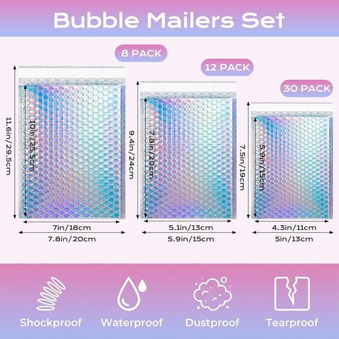 50 Pack Metallic Bubble Mailers, Holographic Bubble Mailers With Thank You Cards,Self Sealing Waterproof Shipping Bags,Poly Padded Envelopes for Mailing Packing Small Business, 3 Sizes in Kuwait