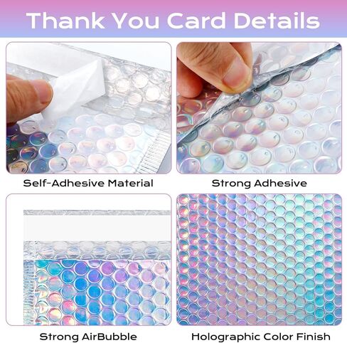 50 Pack Metallic Bubble Mailers, Holographic Bubble Mailers With Thank You Cards,Self Sealing Waterproof Shipping Bags,Poly Padded Envelopes for Mailing Packing Small Business, 3 Sizes in Kuwait