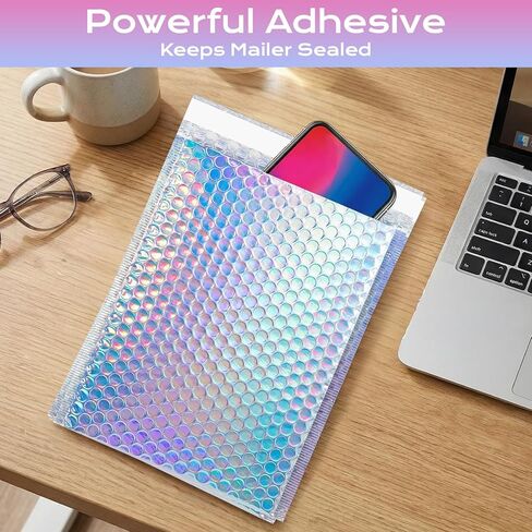 50 Pack Metallic Bubble Mailers, Holographic Bubble Mailers With Thank You Cards,Self Sealing Waterproof Shipping Bags,Poly Padded Envelopes for Mailing Packing Small Business, 3 Sizes in Kuwait