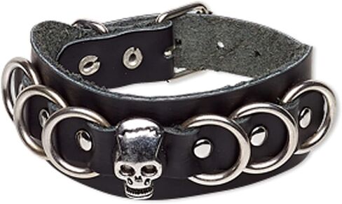 DragonWeave Jewelry Gothic Biker Black Leather Skull and Loops Bracelet, Fully Adjustable in Kuwait