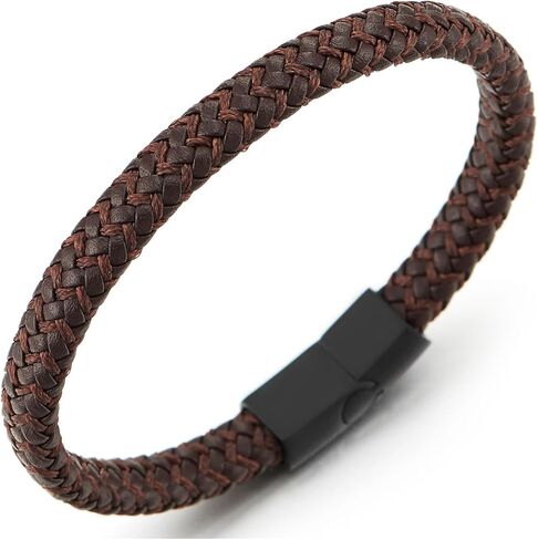COOLSTEELANDBEYOND Men's Brown Braided Leather Bracelet with Matte Black Clasp, Nordic Minimalist Jewelry for Daily Wear, Rustic Masculine Fashion Gift for Him in Saudi Arabia