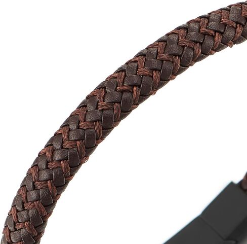 COOLSTEELANDBEYOND Men's Brown Braided Leather Bracelet with Matte Black Clasp, Nordic Minimalist Jewelry for Daily Wear, Rustic Masculine Fashion Gift for Him in Saudi Arabia