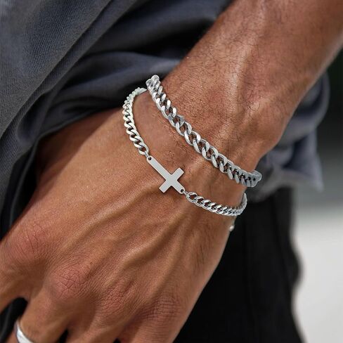2Pcs Mens Silver Bracelet with Cross Pearl Sturdy Stainless Steel Bracelets for Men Non Tarnish Adjustable Snake Box Figaro Rope Cuban Link Bracelet Set Gifts to Men Dad in Saudi Arabia