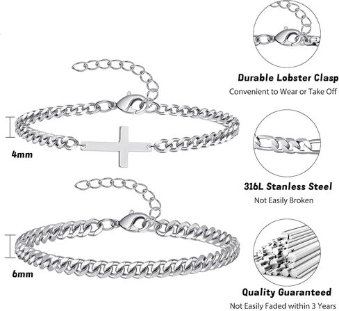2Pcs Mens Silver Bracelet with Cross Pearl Sturdy Stainless Steel Bracelets for Men Non Tarnish Adjustable Snake Box Figaro Rope Cuban Link Bracelet Set Gifts to Men Dad in Saudi Arabia