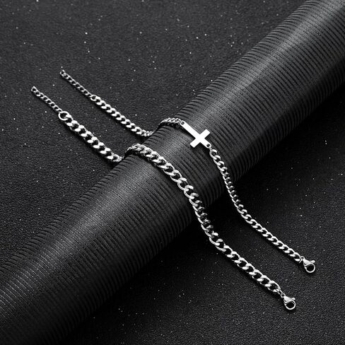 2Pcs Mens Silver Bracelet with Cross Pearl Sturdy Stainless Steel Bracelets for Men Non Tarnish Adjustable Snake Box Figaro Rope Cuban Link Bracelet Set Gifts to Men Dad in Saudi Arabia