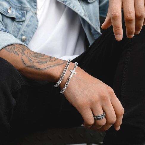 2Pcs Mens Silver Bracelet with Cross Pearl Sturdy Stainless Steel Bracelets for Men Non Tarnish Adjustable Snake Box Figaro Rope Cuban Link Bracelet Set Gifts to Men Dad in Saudi Arabia