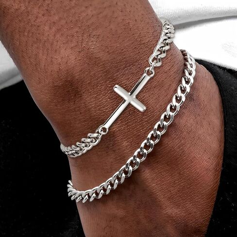 2Pcs Mens Silver Bracelet with Cross Pearl Sturdy Stainless Steel Bracelets for Men Non Tarnish Adjustable Snake Box Figaro Rope Cuban Link Bracelet Set Gifts to Men Dad in Saudi Arabia