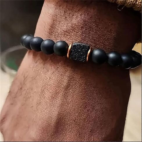 Elastic Adjustable Mens Bracelet 8mm Black Onyx & Lava Stone Beads Bracelet For Men Beads Charm Bracelet With Elastic Cord in Saudi Arabia