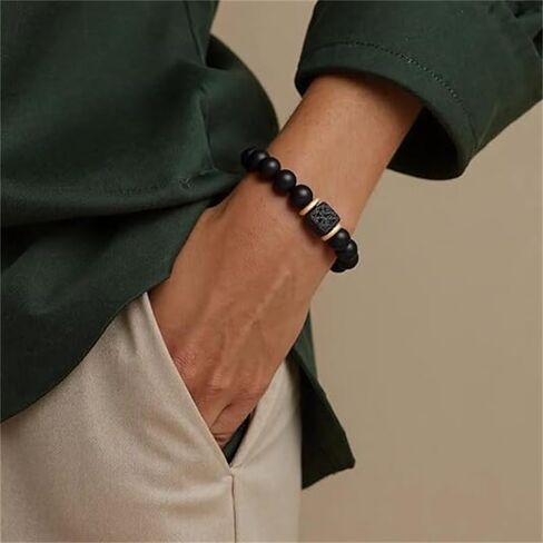 Elastic Adjustable Mens Bracelet 8mm Black Onyx & Lava Stone Beads Bracelet For Men Beads Charm Bracelet With Elastic Cord in Saudi Arabia
