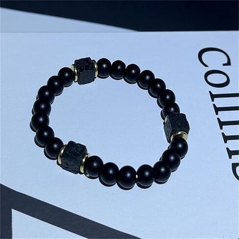 Elastic Adjustable Mens Bracelet 8mm Black Onyx & Lava Stone Beads Bracelet For Men Beads Charm Bracelet With Elastic Cord in Saudi Arabia