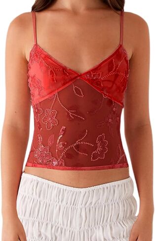 Women Y2K Sequin Mesh Tank Top Glitter Floral Embroidered Cami Crop Top Sleeveless Backless Rhinestone Camisole in Kuwait