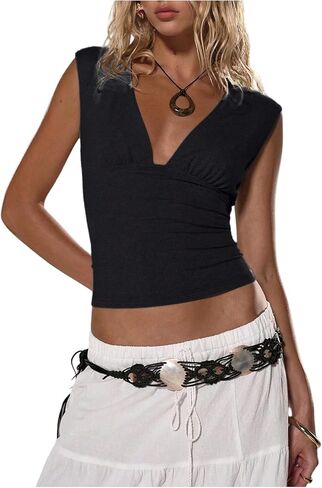 Milumia Women's Sexy Deep V Neck Tank Top Sleeveless Slim Fitted Going Out Crop Tops in Saudi Arabia