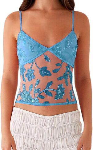 Women Y2K Sequin Mesh Tank Top Glitter Floral Embroidered Cami Crop Top Sleeveless Backless Rhinestone Camisole in Saudi Arabia
