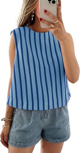 سترة علوية نسائية مخططة من Xiaoxuemeng بدون أكمام من القطن برقبة دائرية وسترات صيفية كاجوال in Kuwait