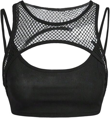 WDIRARA Women's Cut Out Tank Tops Sheer Mesh Fishnet Sleeveless 2 in 1 Crop Top Clubwear in Saudi Arabia
