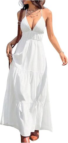 OYOANGLE Women's V Neck Spaghetti Strap Tiered Maxi Dress Sleeveless Flowy A Line Summer Sundress in Saudi Arabia