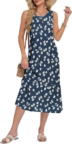 WNEEDU Summer Dresses for Women 2026 Casual Crew Neck Sleeveless Flowy Boho Midi Dress Beach Vacation Sundress with Pockets in Kuwait