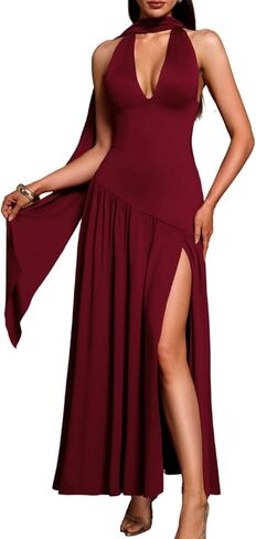 Women's Sexy Halter Dress with Scarf, Drop Waist High Slit Floor Length Wedding Guest Prom in Saudi Arabia