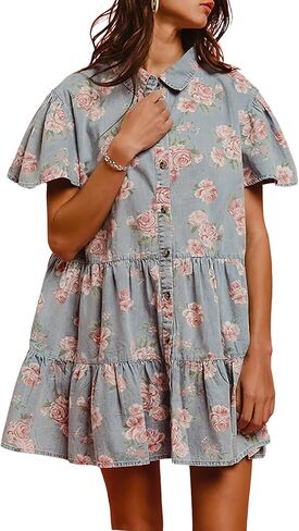 ebossy Women's Sweet Floral Denim Dress Button Up Ruffle Short Sleeve Flowy A Line Tiered Mini Shirt Dress in Saudi Arabia