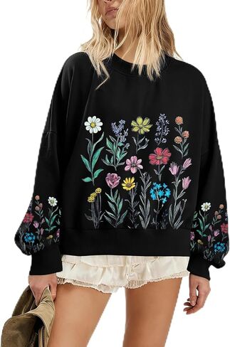 MOUSYA Boho Sweatshirt for Women Flower Oversized Cropped Sweatshirts Floral Graphic Pullover Pretty Garden Crop Tops in Saudi Arabia