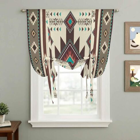 Brown Southwest Tie Up Curtains for Window, Ethnic Boho Tribal Vintage Geometric Thermal Insulated Balloon Shade Adjustable Rod Pocket Curtains Valance Panels for Kitchen Bathroom Café 42'' x 45'' in Saudi Arabia