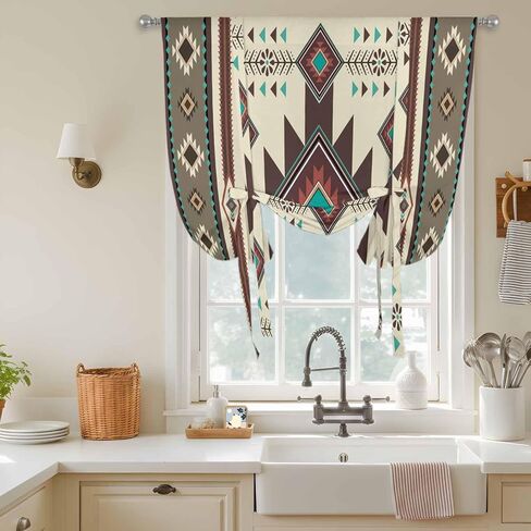 Brown Southwest Tie Up Curtains for Window, Ethnic Boho Tribal Vintage Geometric Thermal Insulated Balloon Shade Adjustable Rod Pocket Curtains Valance Panels for Kitchen Bathroom Café 42'' x 45'' in Saudi Arabia