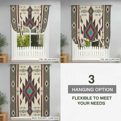 Brown Southwest Tie Up Curtains for Window, Ethnic Boho Tribal Vintage Geometric Thermal Insulated Balloon Shade Adjustable Rod Pocket Curtains Valance Panels for Kitchen Bathroom Café 42'' x 45'' in Saudi Arabia