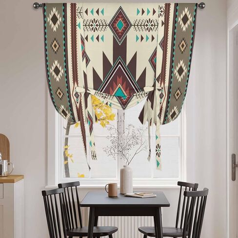 Brown Southwest Tie Up Curtains for Window, Ethnic Boho Tribal Vintage Geometric Thermal Insulated Balloon Shade Adjustable Rod Pocket Curtains Valance Panels for Kitchen Bathroom Café 42'' x 45'' in Saudi Arabia
